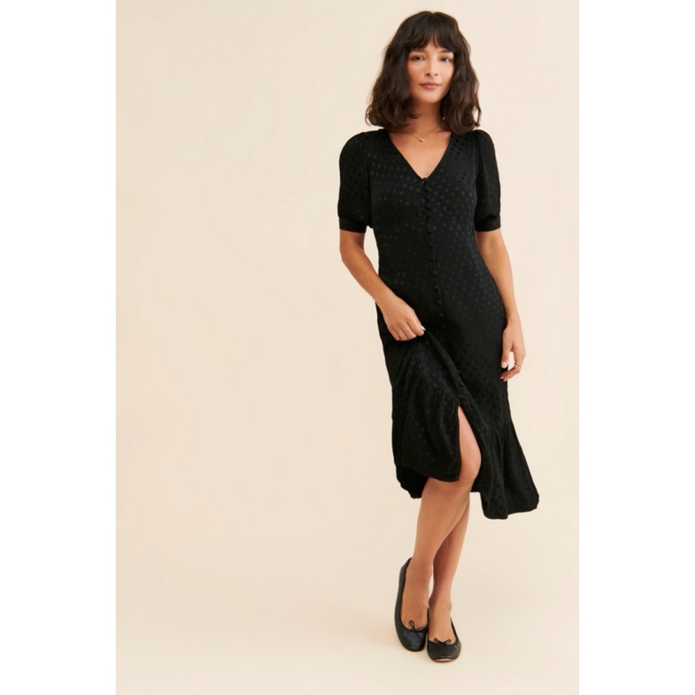Anthropologie Maeve Eudora Midi Dress Black Button Up Tie Sleeves Dot Print